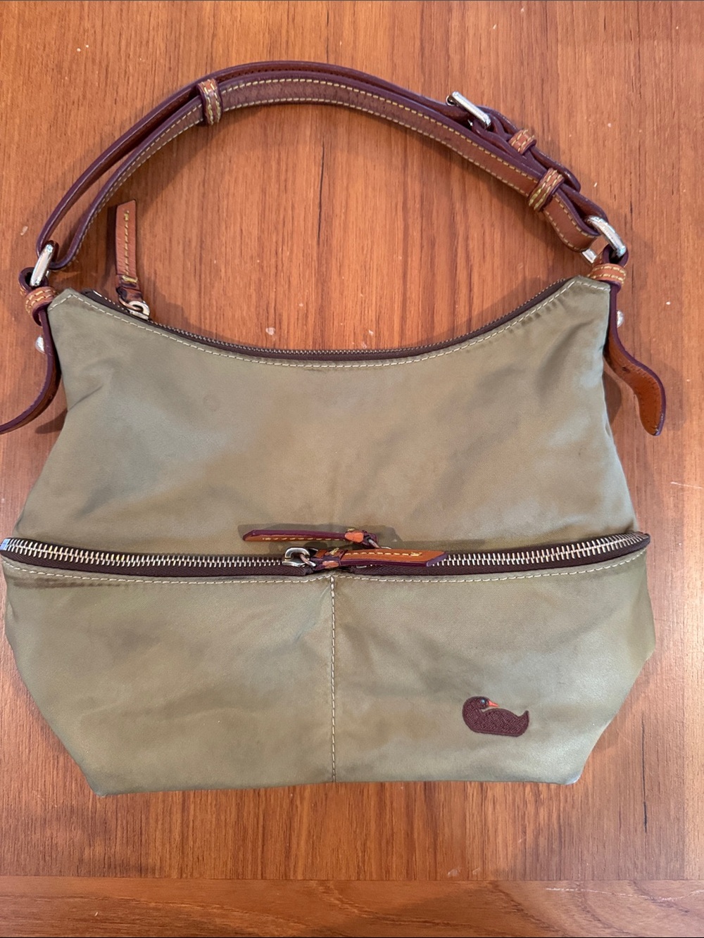 Dooney & Bourke Olive Nylon Shoulder Bag with Brown Leather Trim